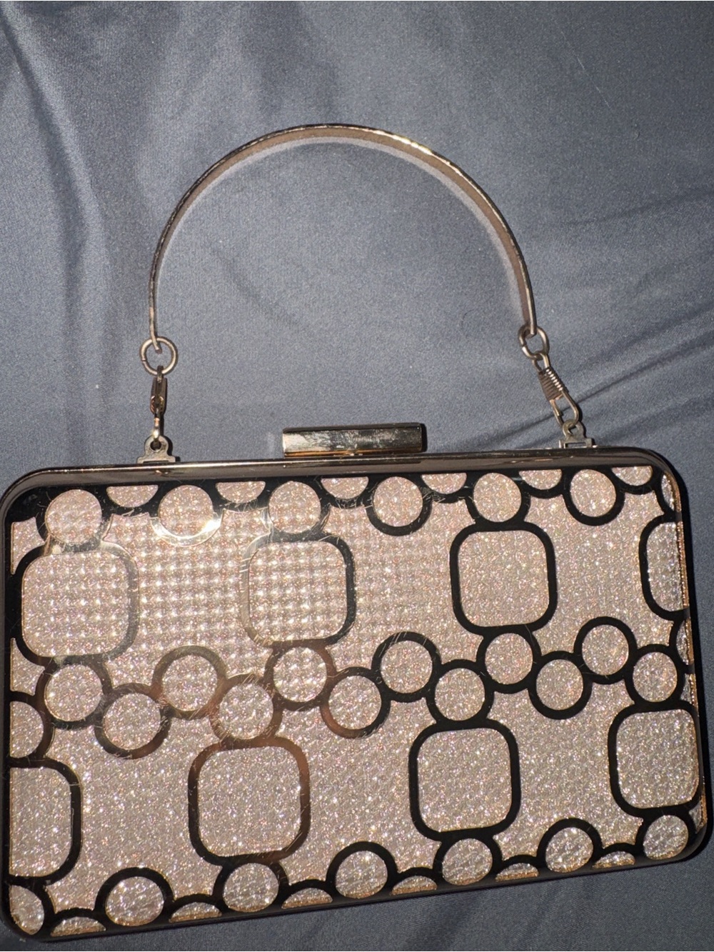 Elegant Glitter Box Clutch Handbag in Rose Gold with Geometric Overlay